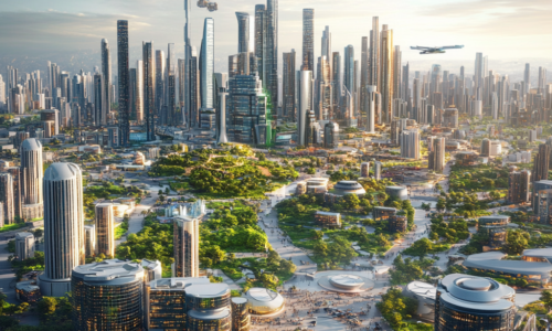 A futuristic cityscape featuring innovative architecture, flying cars, lush green spaces, and renewable energy sources, embodying the vision of a Freedom City