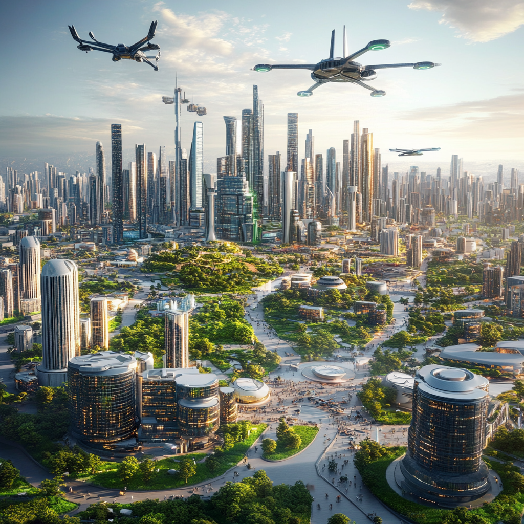 A futuristic cityscape featuring innovative architecture, flying cars, lush green spaces, and renewable energy sources, embodying the vision of a Freedom City