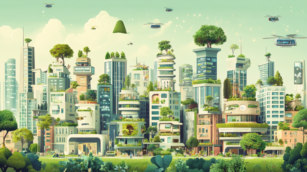 A sleek, futuristic city featuring flying cars, greenery-integrated skyscrapers, and renewable energy sources, symbolizing sustainable innovation.