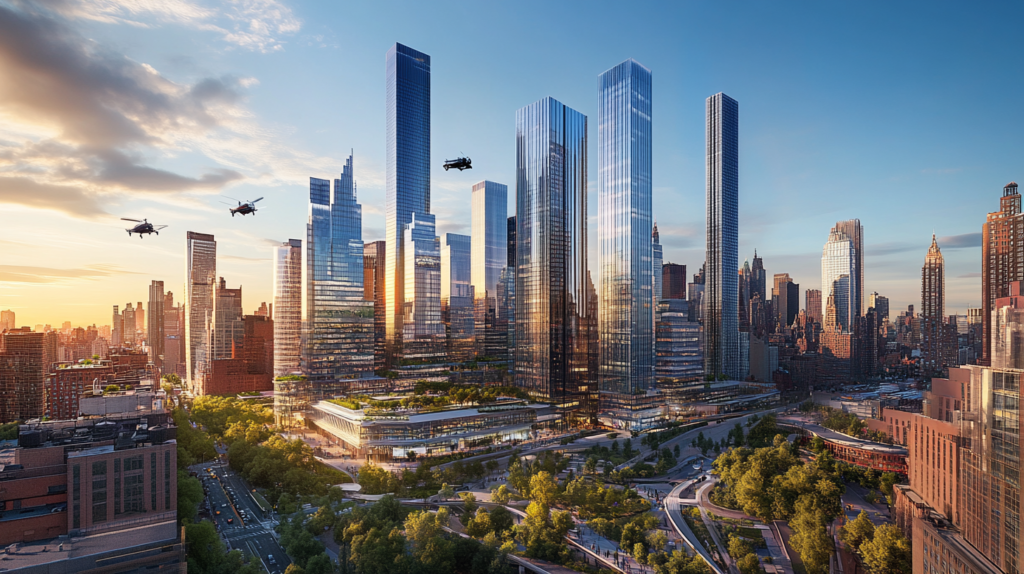 A futuristic city featuring high-tech buildings, flying cars, green spaces, and renewable energy systems, showcasing modern urban innovation