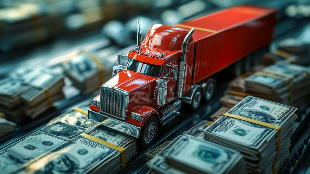 A striking visual showcasing a bright red semi-truck driving across stacks of U.S. dollar bills, symbolizing the significant financial aspects of the logistics and trucking industry. The image portrays the concept of revenue generation, profitability, and economic impact within the freight transportation and cargo sectors. The focus on the truck highlights its role as an essential element of trade, moving valuable goods and ensuring supply chain continuity.