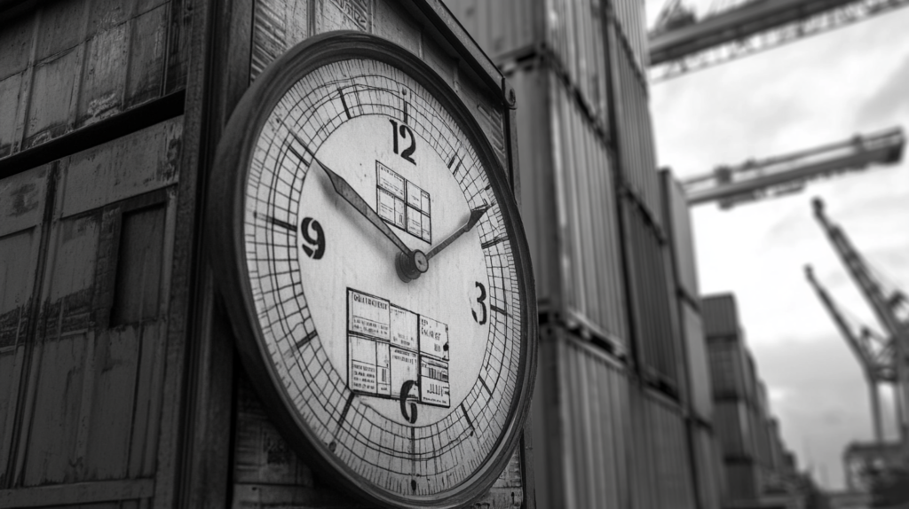 a black-and-white scene with a large clock positioned on a structure amidst a backdrop of shipping containers and industrial cranes. The clock is detailed and old-fashioned, suggesting a focus on time, logistics, and punctuality. The overall industrial setting implies a shipping yard or port, symbolizing cargo handling, global trade, or logistics operations. The cranes in the blurred background emphasize large-scale shipping activities, highlighting efficiency and time management in the transport or logistics industry.